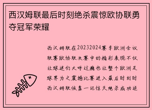 西汉姆联最后时刻绝杀震惊欧协联勇夺冠军荣耀 西汉姆联最后时刻绝杀震惊欧协联勇夺冠军荣耀