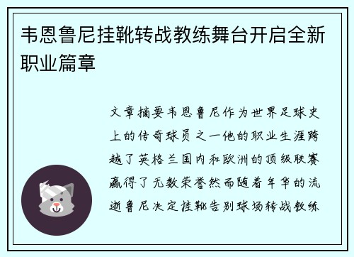 韦恩鲁尼挂靴转战教练舞台开启全新职业篇章 韦恩鲁尼挂靴转战教练舞台开启全新职业篇章